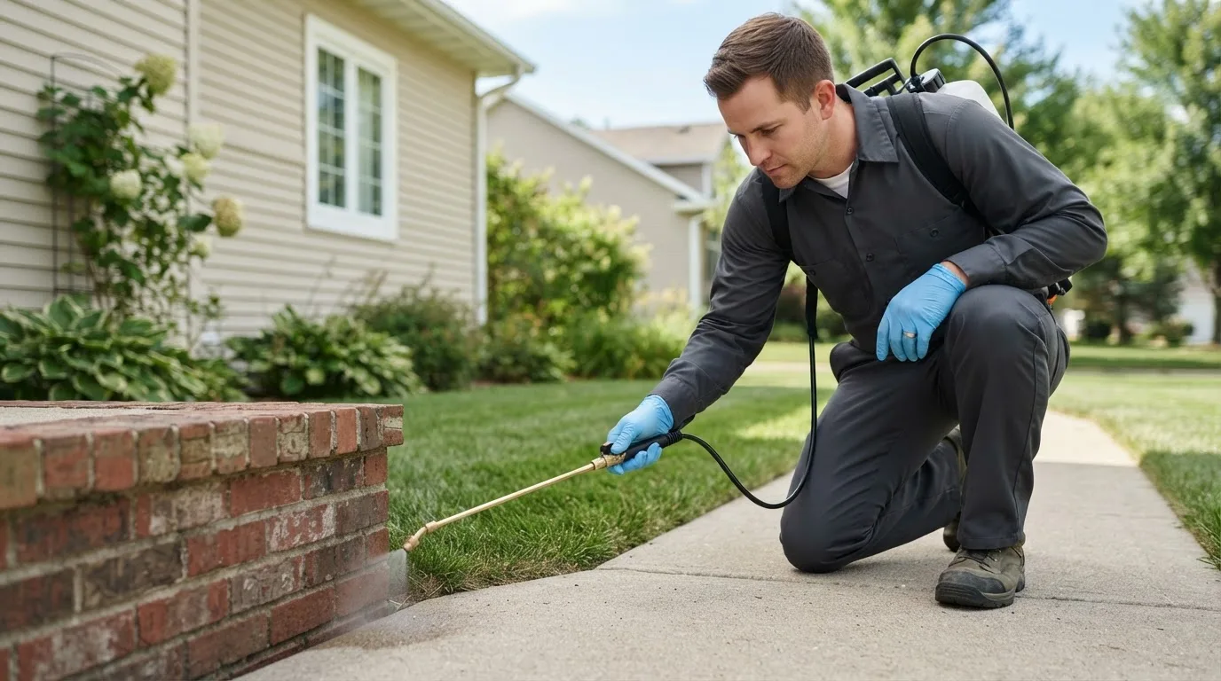 Pest control technician treating a home near Linden, TN