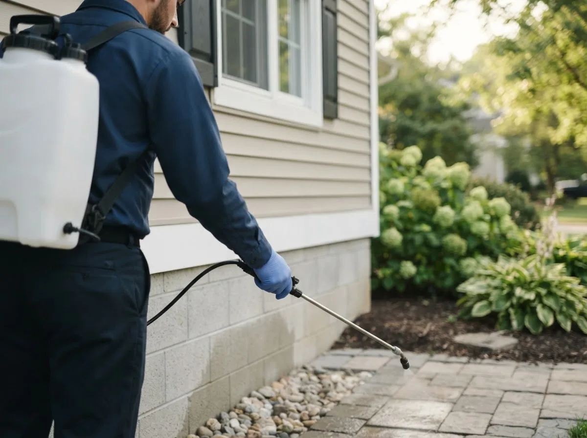 Pest control technician inspecting a home in Linden, TN